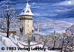 4016 Oberwesel am Rhein, Kuhhirtenturm, Schuetzengraben und Stadtmauer, © 1993 Verlag Loreley-Galerie